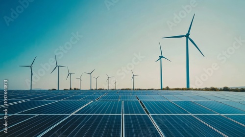 A renewable energy farm with rows of wind turbines and solar panels under a clear sky, Sustainable technology style, photo of