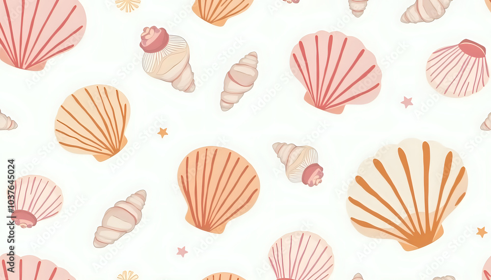 Colorful seashells and starfish pattern on soft pastel background Colorful seashells and starfish pattern on soft pastel background