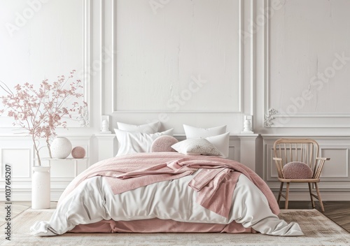 Minimalist bedroom pink and white themed with plain white wall