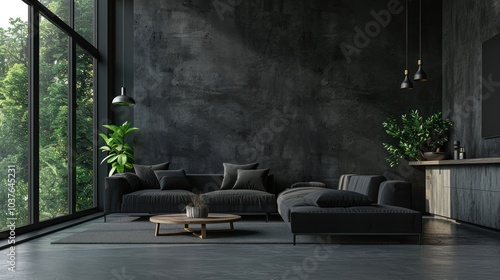 Dark themed black furnished living room