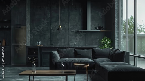 Dark themed black furnished living room