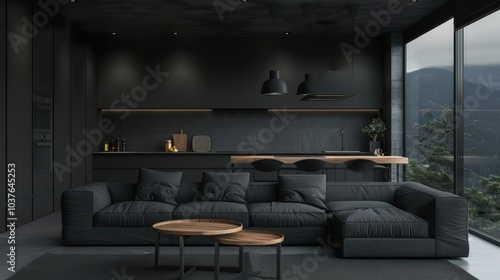 Dark themed black furnished living room