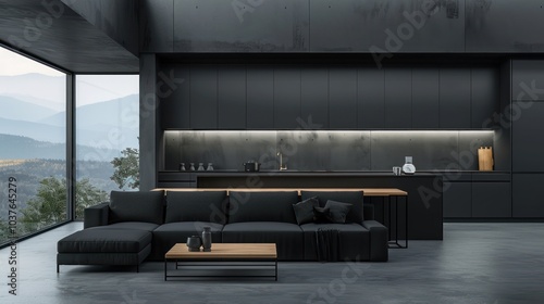 Dark themed black furnished living room