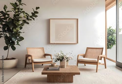 Minimalist Living Room: Tranquility and style converge in this serene living room, featuring two rattan armchairs, a wooden coffee table, and a large abstract art print.