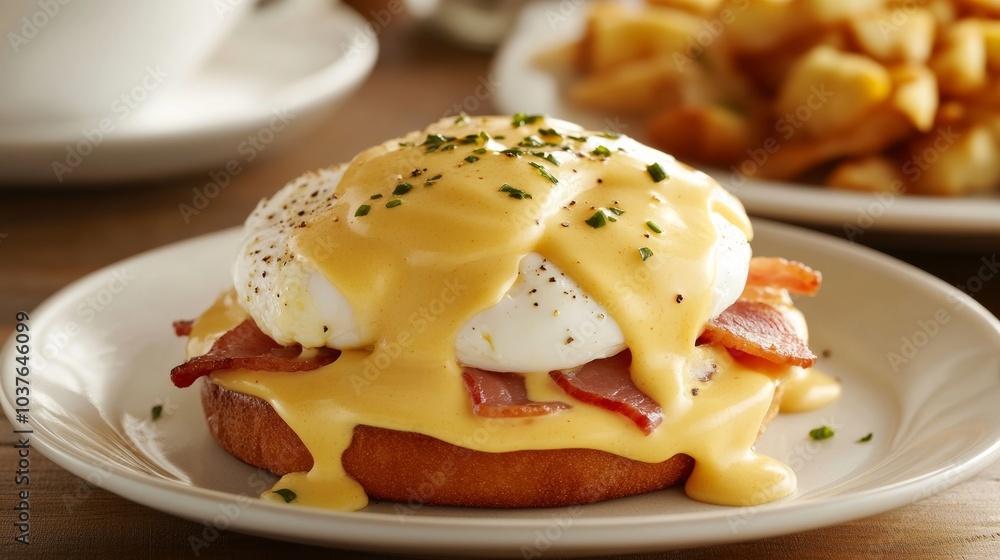 A rich and creamy eggs Benedict with poached eggs, hollandaise sauce, and Canadian bacon A rich and creamy eggs Benedict with poached eggs, hollandaise sauce, and Canadian bacon