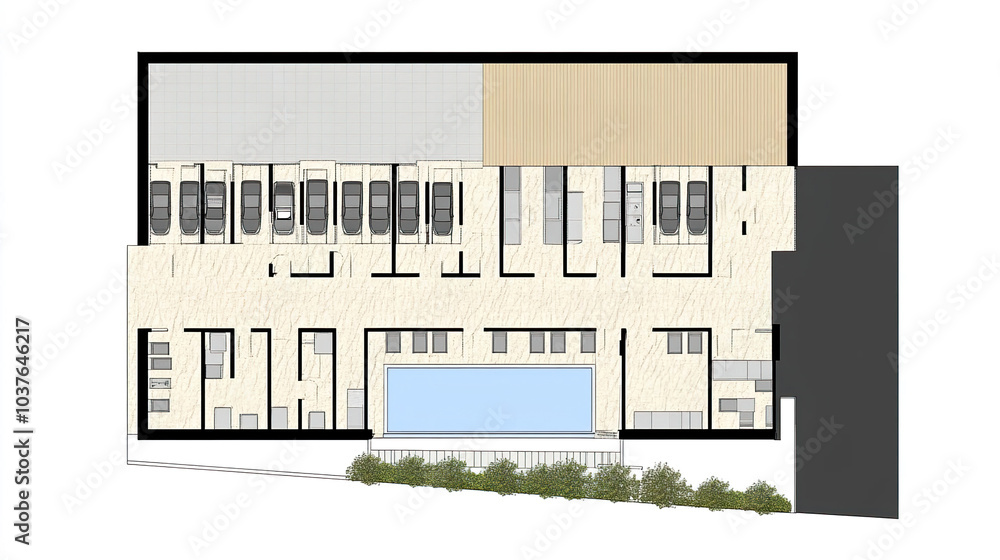 Underground parking and floor plan of a contemporary building, featuring multiple cars, rooms, and a pool. AI-generated Underground parking and floor plan of a contemporary building, featuring multiple cars, rooms, and a pool. AI-generated