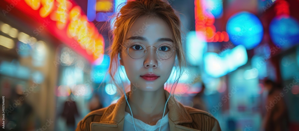 A young woman in glasses and a jacket stands in a city at night, looking directly at the camera, with colorful lights blurred in the background. A young woman in glasses and a jacket stands in a city at night, looking directly at the camera, with colorful lights blurred in the background.
