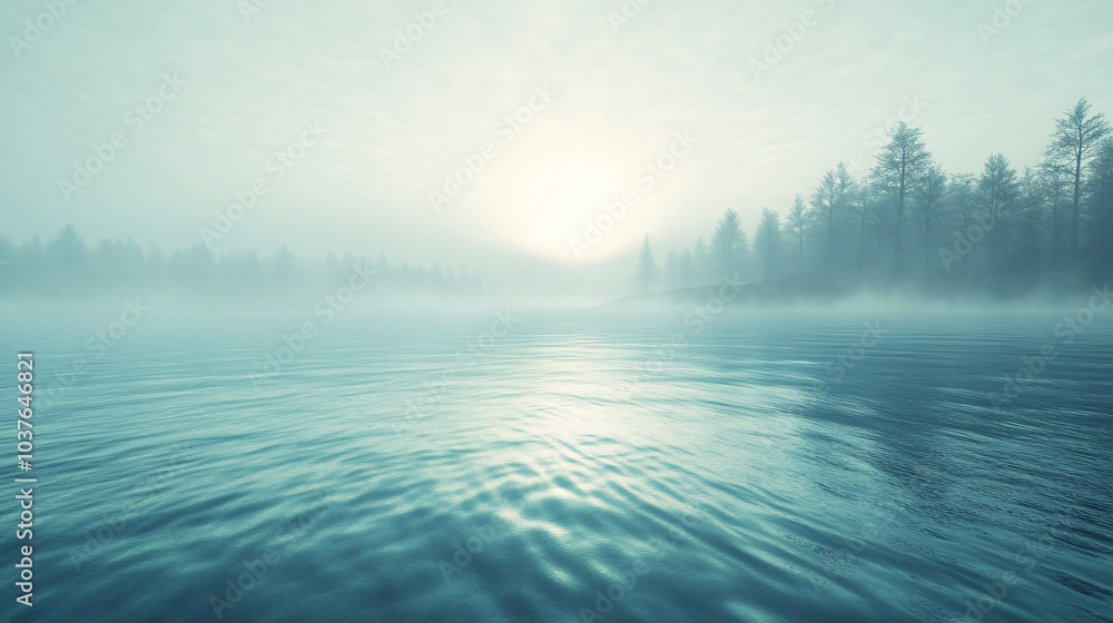 Fototapeta premium A foggy lake at sunrise with a mysterious aura and gentle waves.