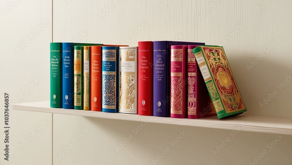 Naklejka premium Row of Colorful Hardcover Books Stacked Neatly on a Shelf in a Clean Design