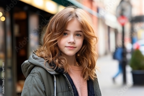 Portrait of a beautiful young woman with long curly hair in the city