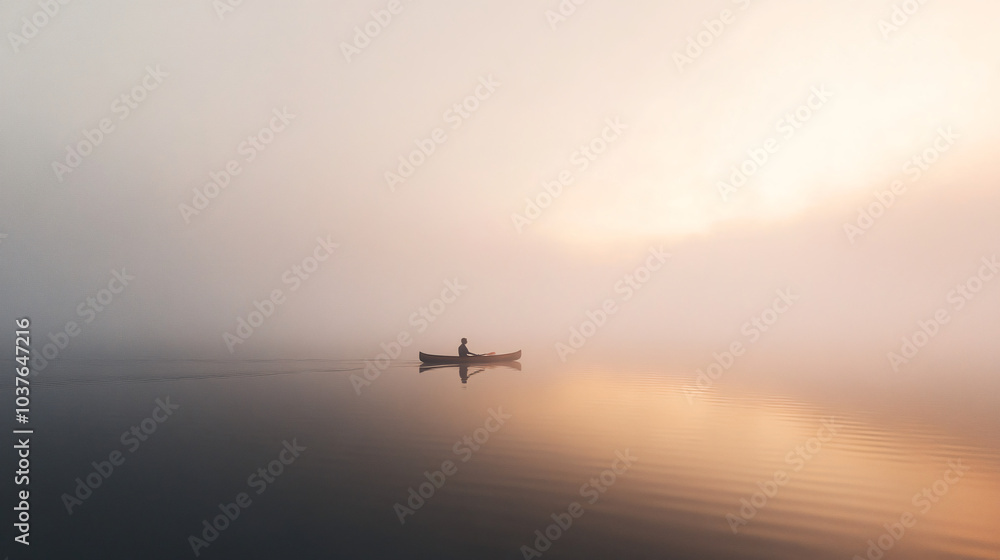 A foggy lake at dawn with a lone canoe gliding through the mist. A foggy lake at dawn with a lone canoe gliding through the mist.