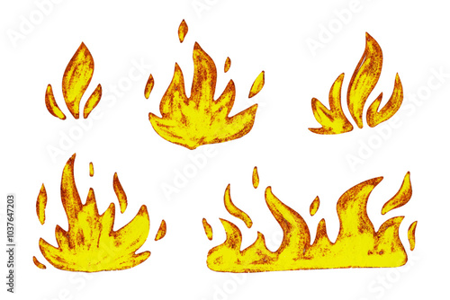 Collection of bright, colorful flames. Vector graphics.