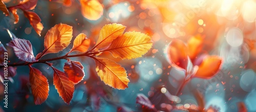 Close-up of vibrant orange leaves on a branch with a blurred background of bokeh lights.