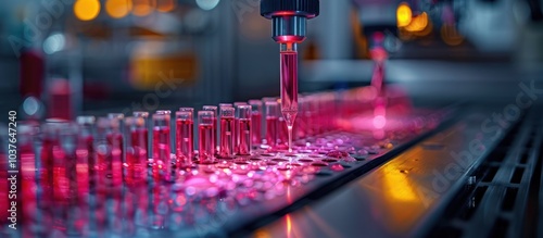 A close-up of an automated machine dispensing liquid into a row of test tubes.