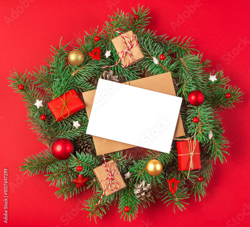 Blank greeting card on Christmas wreath made of fir branches, gift boxes, festive decorations and pine cones on red background. Flat lay. Mock up. Happy New Year and winter holidays invitation