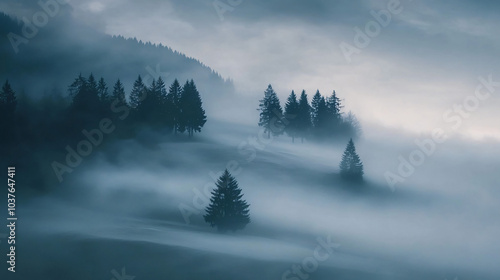 A foggy hill landscape with silhouettes of trees and a mystical atmosphere.