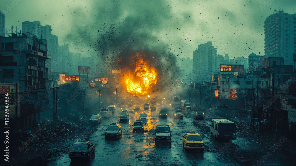 A dramatic scene showing a massive explosion in a dense urban area. The image captures flying debris, cars in chaos, and a dark, moody atmosphere A dramatic scene showing a massive explosion in a dense urban area. The image captures flying debris, cars in chaos, and a dark, moody atmosphere