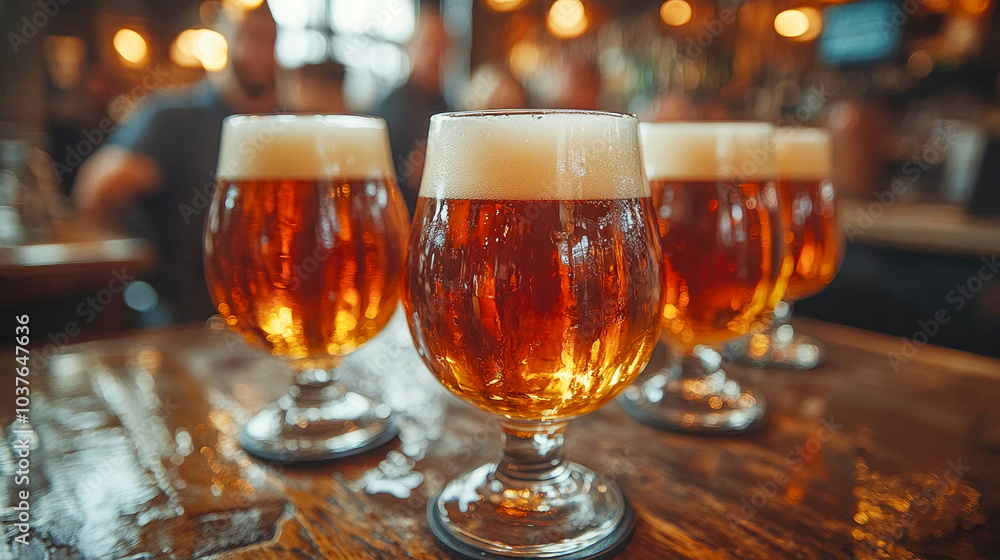 Close-up of craft beers in glasses at a bar, glowing amber with frothy heads, inviting relaxation and socializing Close-up of craft beers in glasses at a bar, glowing amber with frothy heads, inviting relaxation and socializing