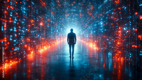 A person standing at the entrance of a tunnel made of digital lights and patterns, symbolizing a journey into technology and digital transformation