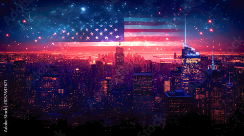 An American flag blended with a city skyline at night, symbolizing patriotism and the spirit of urban America