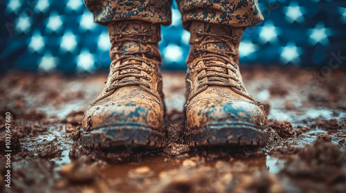 Close-up of a soldier's muddy boots in front of an American flag, symbolizing sacrifice and dedication photo