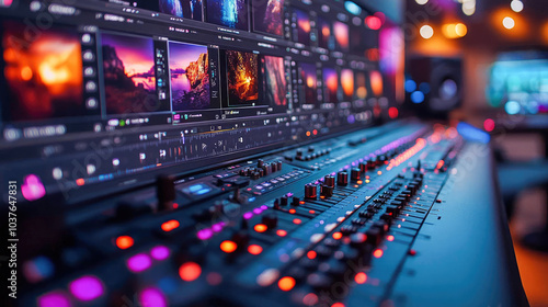 A control panel filled with knobs and buttons under neon lights, creating a vibrant atmosphere of a night club or studio. Represents sound and recording control