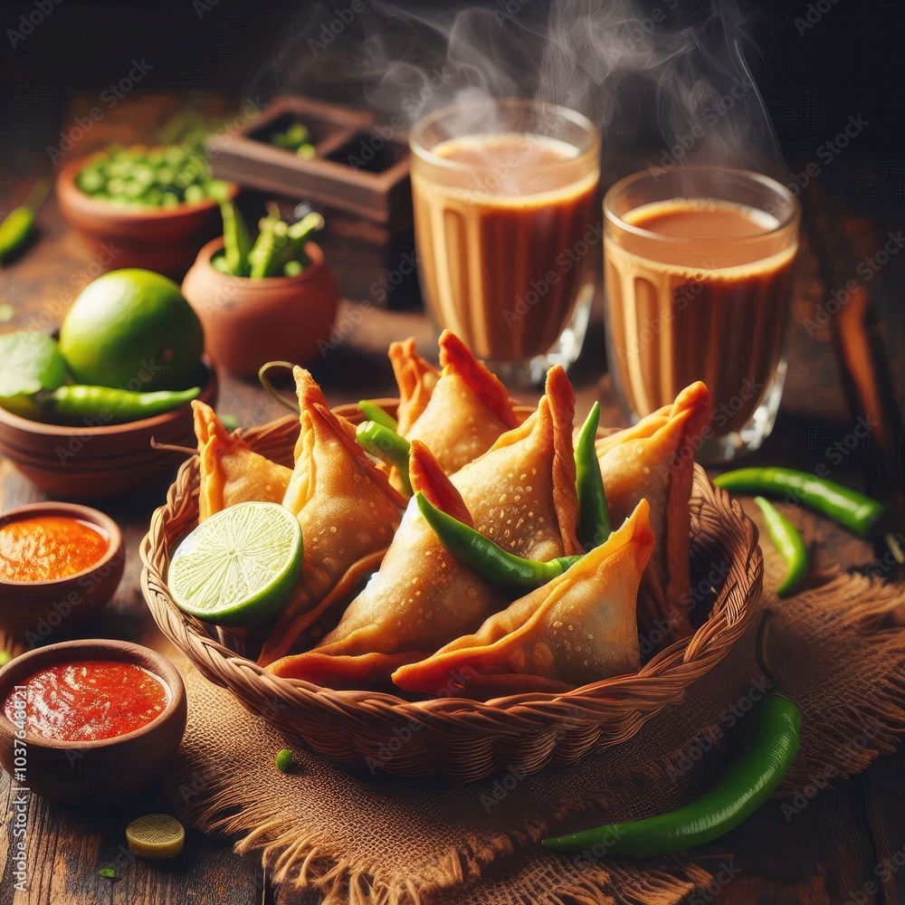 A beautifully arranged plate of golden-brown samosas, garnished with fresh green chilies and a slice of lime, sits in a woven basket. Two steaming glasses of chai are in the background, ai A beautifully arranged plate of golden-brown samosas, garnished with fresh green chilies and a slice of lime, sits in a woven basket. Two steaming glasses of chai are in the background, ai