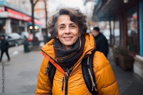 Portrait of a happy senior woman walking on the street in winter