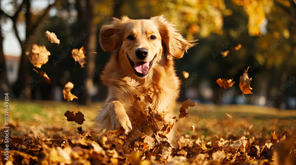 A fluffy dog playing in a pile of leaves A fluffy dog playing in a pile of leaves