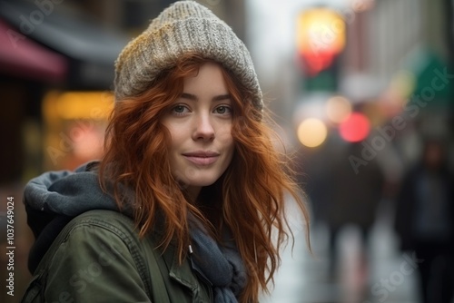 Portrait of a beautiful young woman with red hair in the city