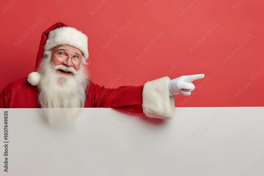 Naklejka premium Santa claus pointing finger on empty space. Christmas advertising. Red background. High quality photo