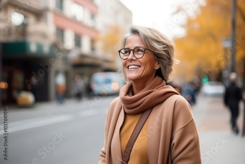 Outdoor portrait of a beautiful middle aged woman in the city.