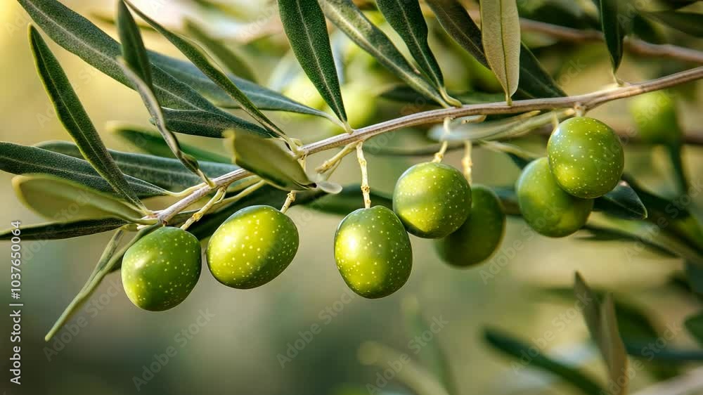 Green olives hang from a branch on an olive tree in the warm sunlight Green olives hang from a branch on an olive tree in the warm sunlight