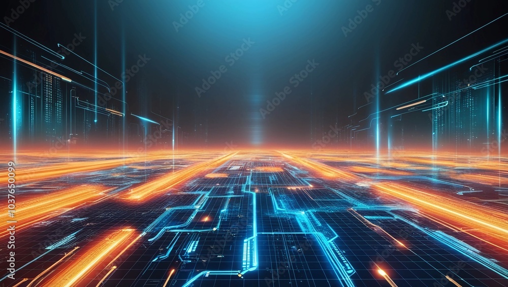 Digital landscape with glowing orange and blue grids, symbolizing the vastness of virtual networks, advanced computing, and futuristic technology environments Digital landscape with glowing orange and blue grids, symbolizing the vastness of virtual networks, advanced computing, and futuristic technology environments