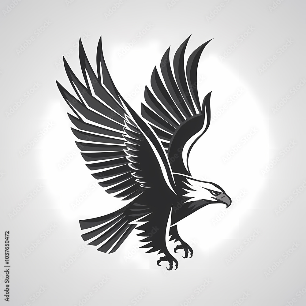 Obraz premium Black and white illustration of a soaring eagle with outstretched wings, symbolizing freedom and strength.