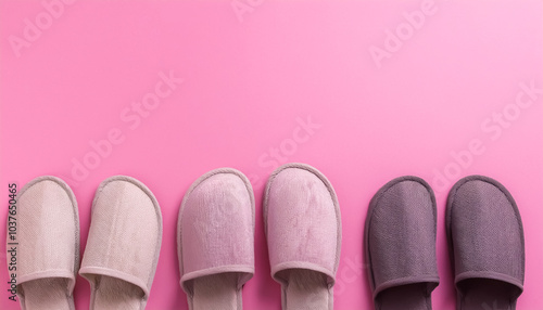 3 pairs of slippers, room shoes, lined, white, pink, black, soft, top view, pink background, copy space photo