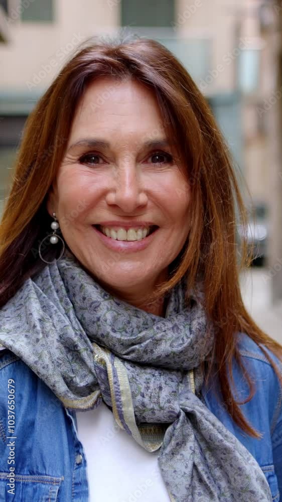 Vertical HD video portrait of beautiful middle-aged woman looking at camera standing at city street. Vertical HD video portrait of beautiful middle-aged woman looking at camera standing at city street.