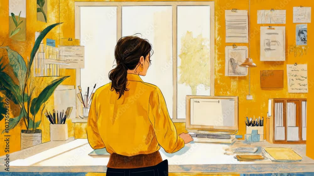 A woman in a yellow shirt stands at her desk, looking out the window A woman in a yellow shirt stands at her desk, looking out the window