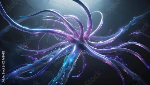   Digital Neural Network with Abstract Connections and Glowing Data Streams in Blue and Purple