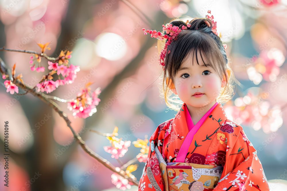 Young girl wearing a traditional Japanese kimono stands in front of a tree with pink blossoms Young girl wearing a traditional Japanese kimono stands in front of a tree with pink blossoms