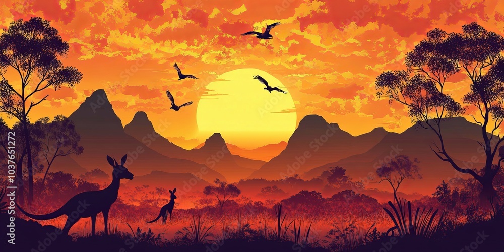 Fototapeta premium A stunning sunset paints the Australian outback, where kangaroos roam freely amidst mountains and trees. This vector illustration captures the beauty of the Australian wilderness.