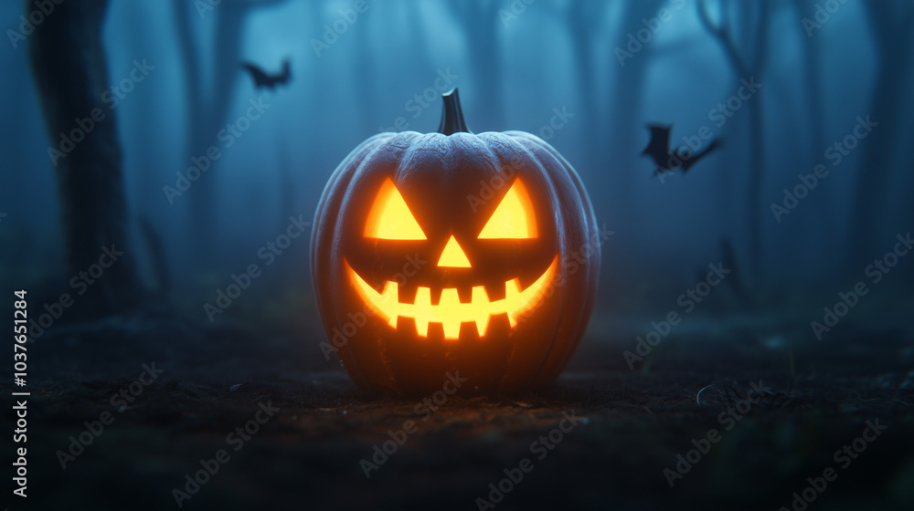 Glowing Jack O Lantern in Dark Forest with Bats and Mystery Glowing Jack O Lantern in Dark Forest with Bats and Mystery