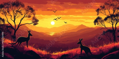 A stunning sunset paints the Australian outback, where kangaroos roam freely amidst mountains and trees. This vector illustration captures the beauty of the Australian wilderness.