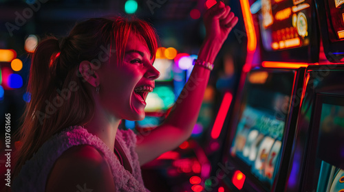 Wallpaper Mural A player celebrating after hitting the jackpot on a slot machine, with flashing lights and winning signs Torontodigital.ca