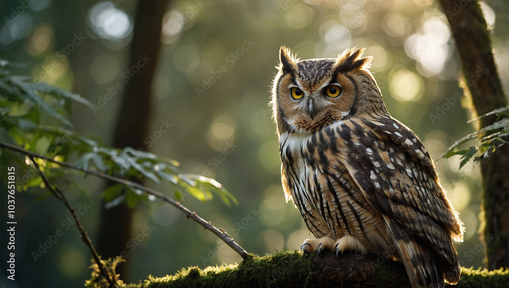Close-up of an owl perched on a branch, with soft sunlight filtering through the forest canopy. Close-up of an owl perched on a branch, with soft sunlight filtering through the forest canopy.