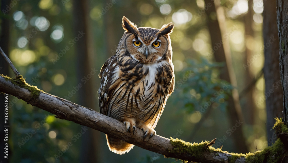 Close-up of an owl perched on a branch, with soft sunlight filtering through the forest canopy. Close-up of an owl perched on a branch, with soft sunlight filtering through the forest canopy.