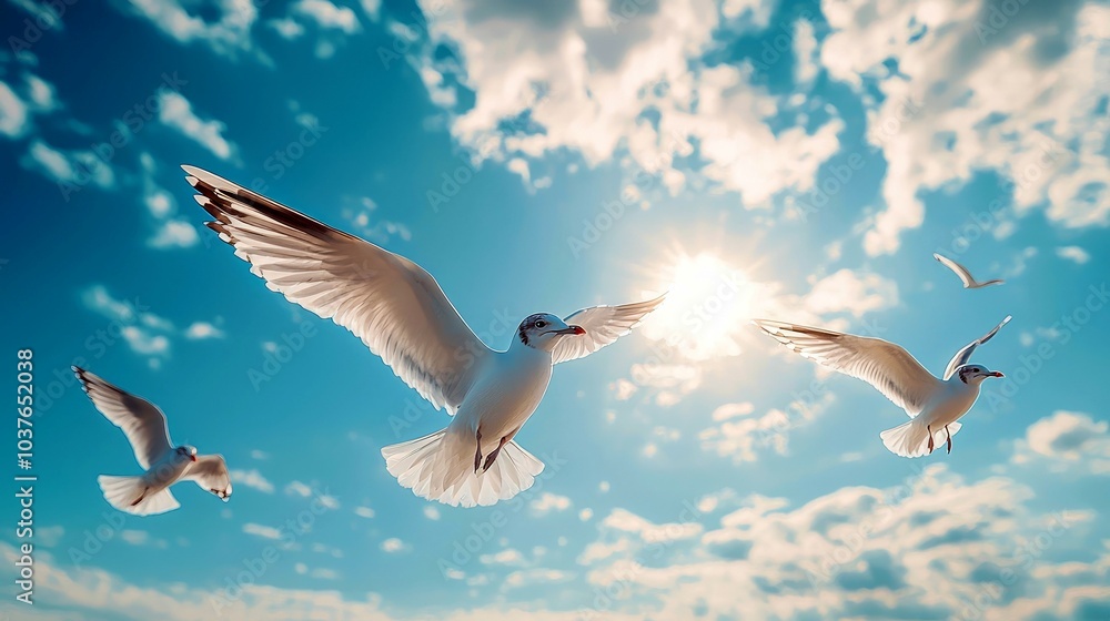 Obraz premium Seagulls soar through a bright blue sky with white clouds.