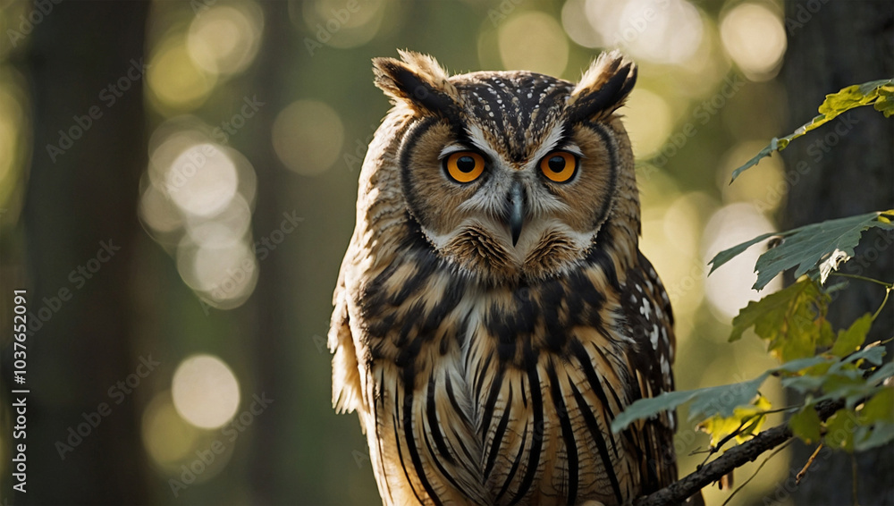 Close-up of an owl perched on a branch, with soft sunlight filtering through the forest canopy. Close-up of an owl perched on a branch, with soft sunlight filtering through the forest canopy.