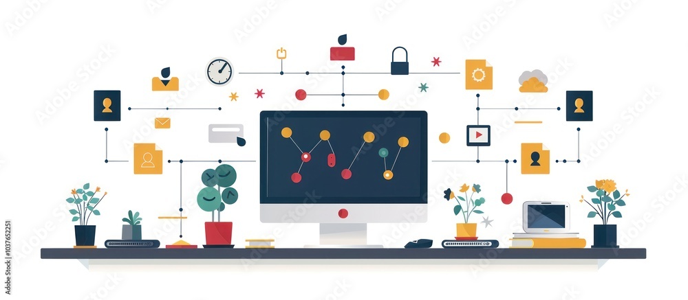 Computer monitor on a desk with connected network of lines and icons. Computer monitor on a desk with connected network of lines and icons.