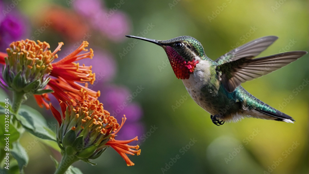Fototapeta premium Hummingbird mid-flight, sipping nectar from a vibrant flower, with a blurred garden background.